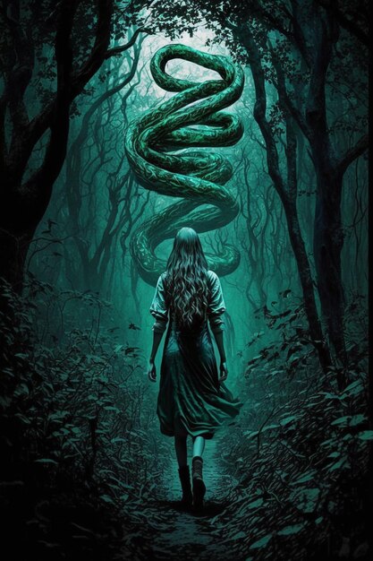 una mujer caminando por un bosque con una serpiente arrastrándose sobre su hombro generativo ai