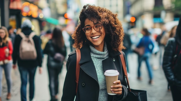 Mujer caminando por la calle con café