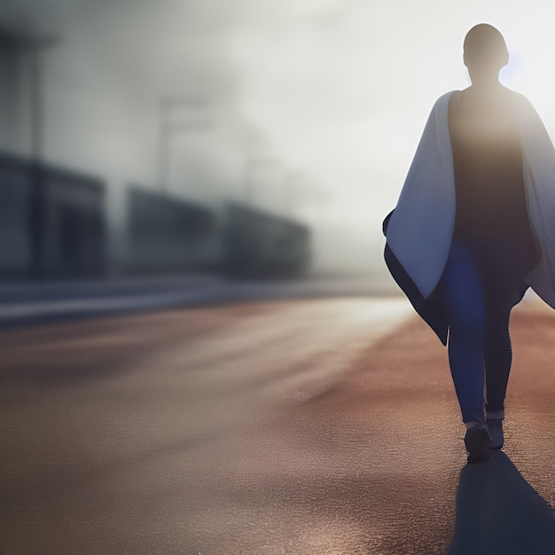 Una mujer caminando por una calle con una capa.