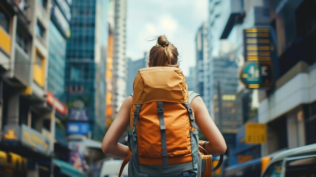 Mujer caminando por la calle de la ciudad con mochila