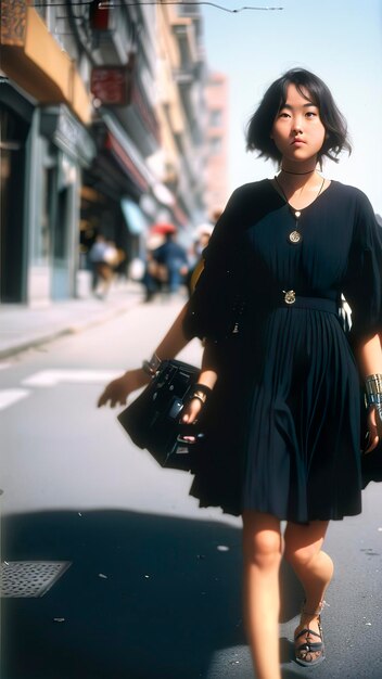 Una mujer caminando por la calle en falda y tacones.