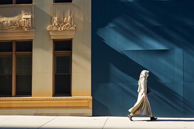 mujer caminando por la calle con fondo arquitectónico