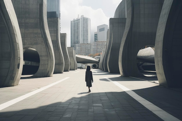 Mujer caminando en una calle futurista de la ciudad brutalista