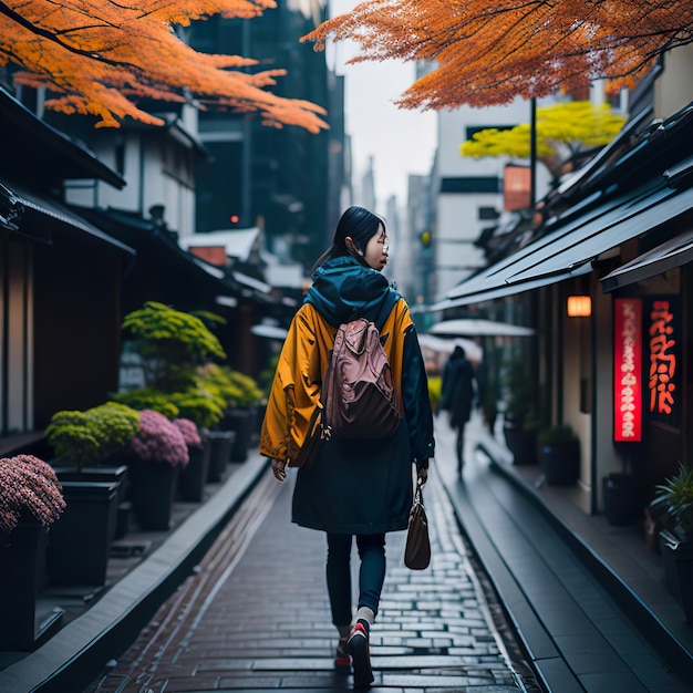 Una mujer caminando por una calle con un letrero rojo que dice "hibiya".