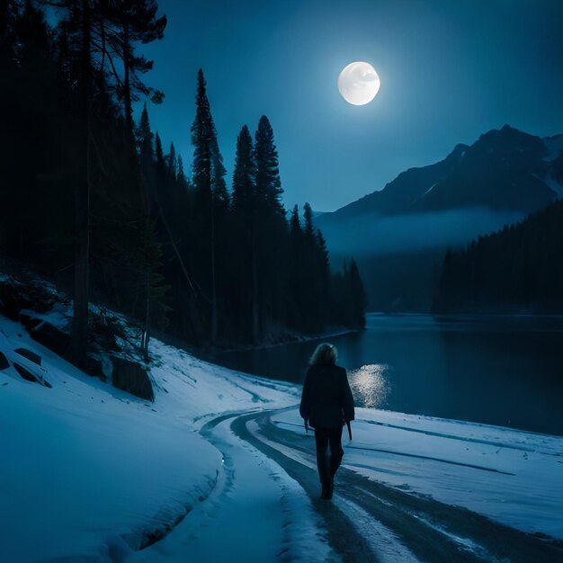 Una mujer caminando por una calle con la luna al fondo.