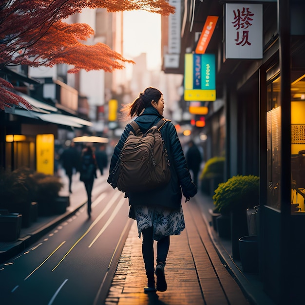 Una mujer caminando por una calle con una mochila puesta.