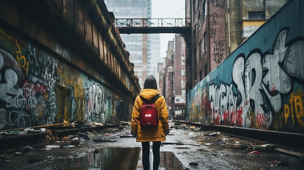 mujer caminando por la calle con una mochila