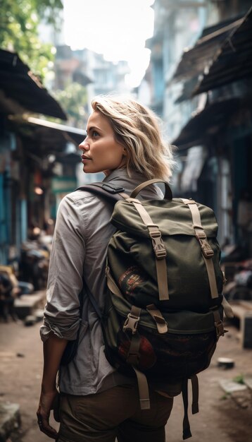 Mujer caminando por la calle con una mochila