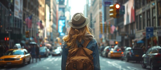 Mujer caminando por la calle con una mochila