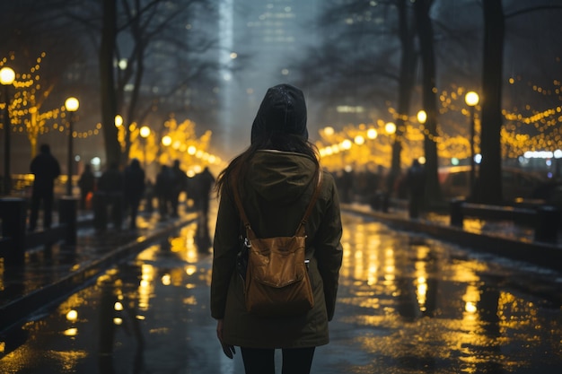 una mujer caminando por una calle mojada por la noche