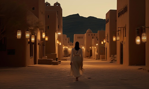 Una mujer caminando por una calle en un pueblo desértico.