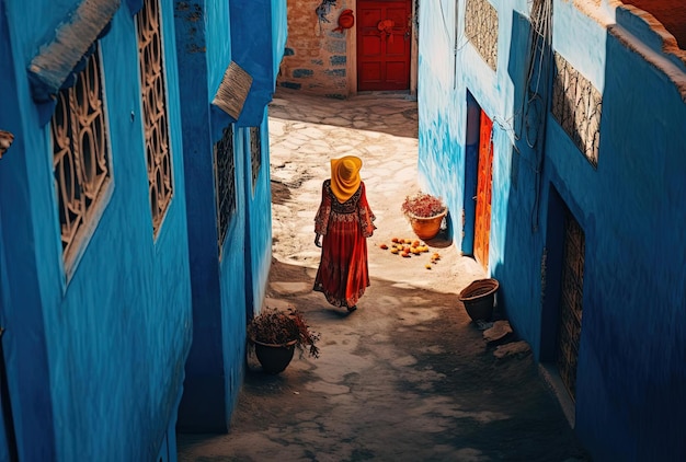 Una mujer caminando por un callejón azul en Marruecos al estilo de una vista aérea.