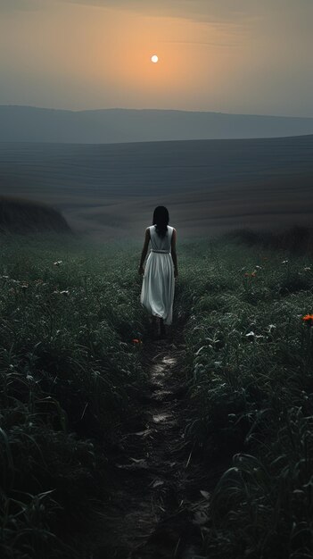 Foto una mujer caminando por un camino en un campo de flores