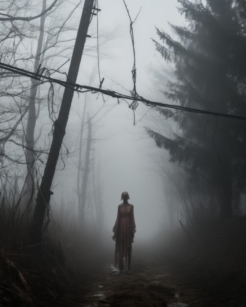 una mujer caminando por un camino de niebla en el bosque