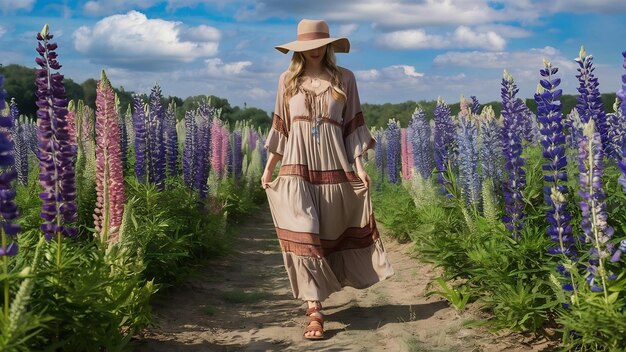 Foto mujer caminando en un campo con lupinos