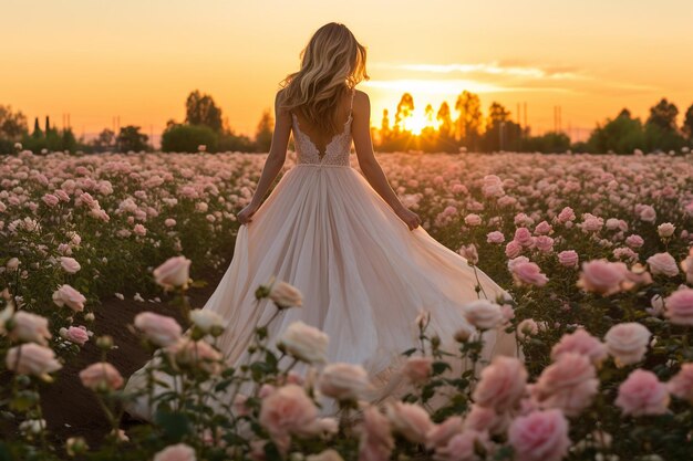 Una mujer caminando por un campo de rosas al atardecer