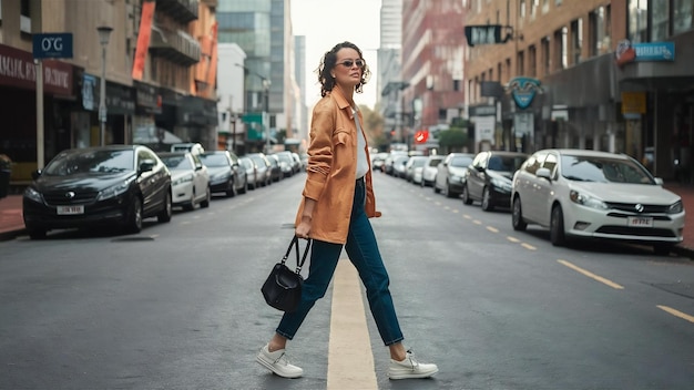 Foto una mujer caminando por la carretera.