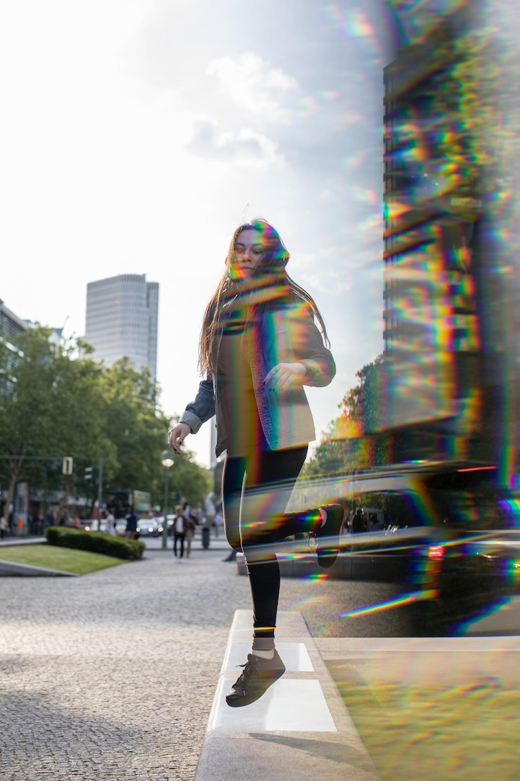 Foto mujer caminando por la ciudad contra el cielo
