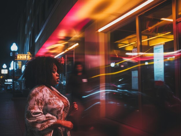 Foto mujer caminando con confianza por las vibrantes calles iluminadas con luces de neón