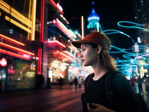 Mujer caminando con confianza por las vibrantes calles iluminadas con luces de neón