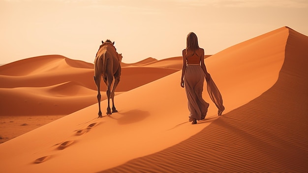 una mujer caminando por el desierto con un camello.