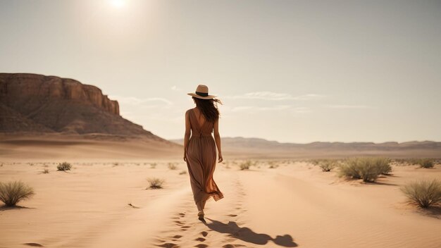 Foto una mujer caminando por un desierto.