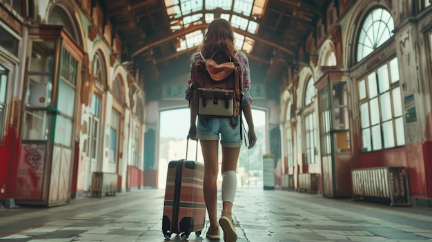 Foto una mujer caminando por una estación de tren con una maleta perfecta para conceptos de viaje y transporte