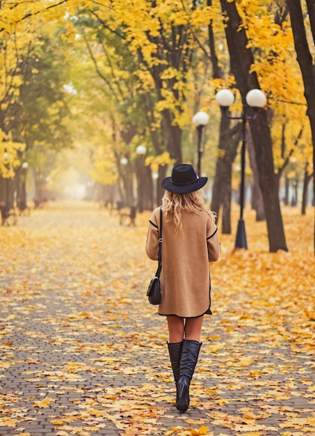 Mujer caminando en el hermoso parque otoño