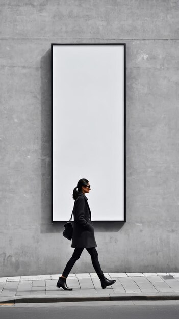 Mujer caminando junto a un gran cartel blanco