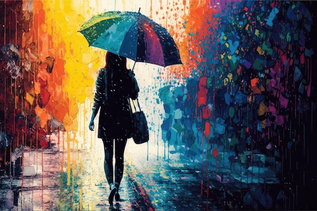 Mujer caminando bajo la lluvia con paraguas de arco iris y un entorno colorido