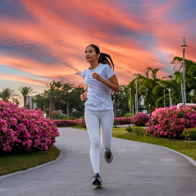 Foto una mujer caminando por la mañana con un vestido blanco