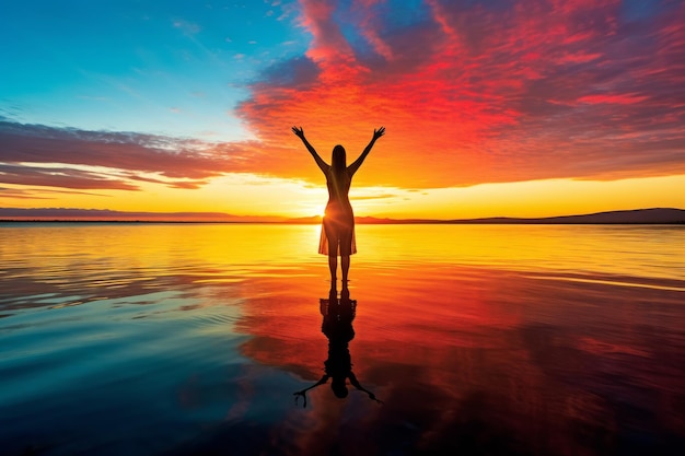 Foto mujer caminando por el mar al atardecer