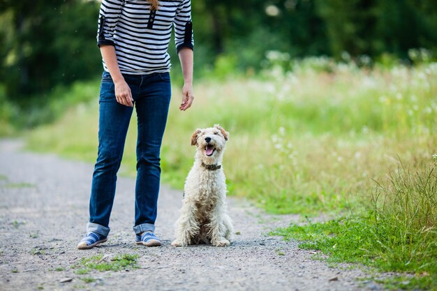 Foto mujer caminando con una mascota
