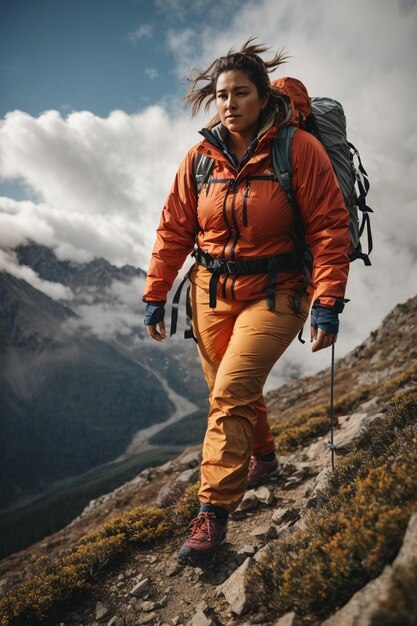 una mujer caminando con una mochila en la espalda.