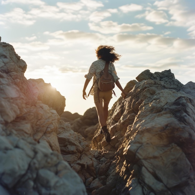 una mujer caminando por una montaña rocosa