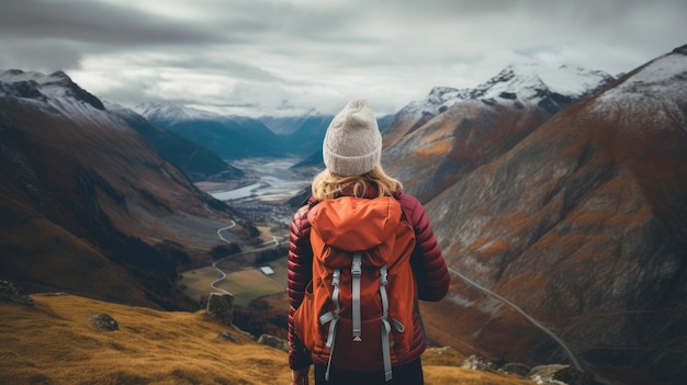 Una mujer caminando por las montañas