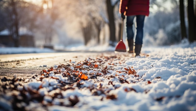 Mujer caminando en el parque de invierno con nieve y hojas cayendo