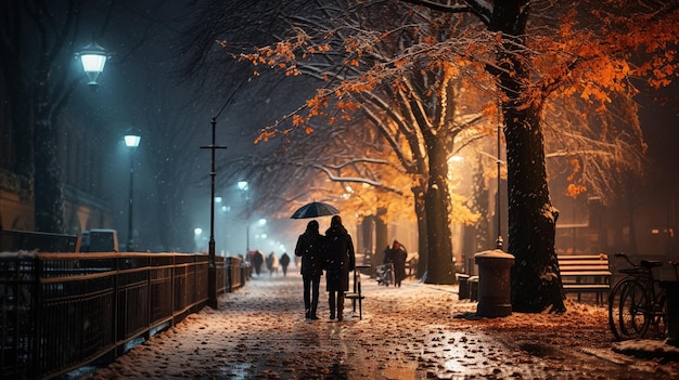 Mujer caminando en el parque por la noche en invierno con nevadas