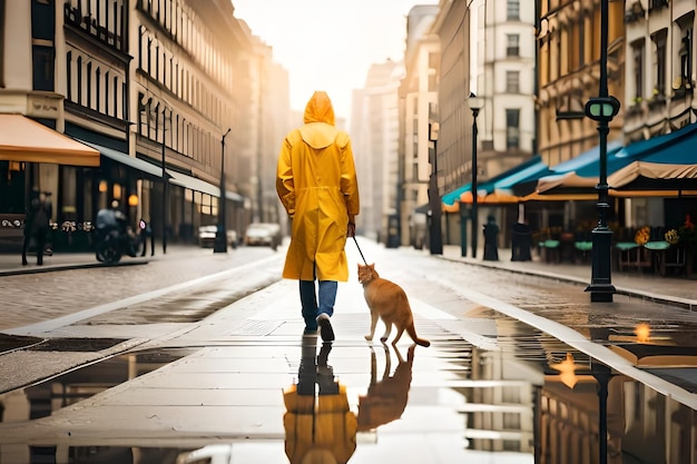 Foto mujer caminando con un perro en una calle lluviosa