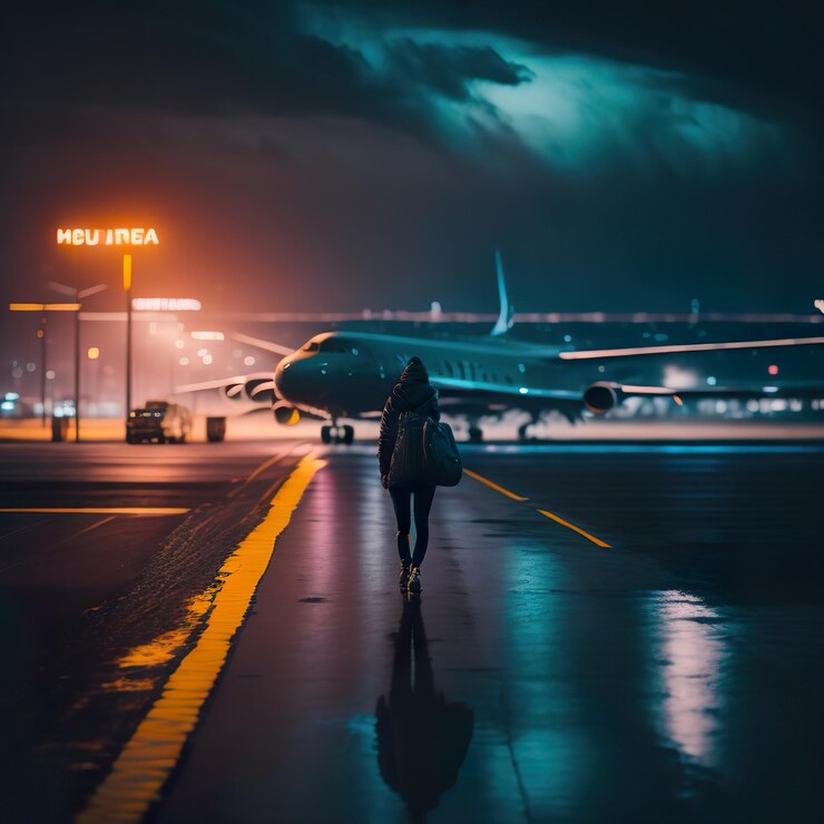 Foto una mujer caminando por una pista de aterrizaje por la noche con un avión en el lado derecho.