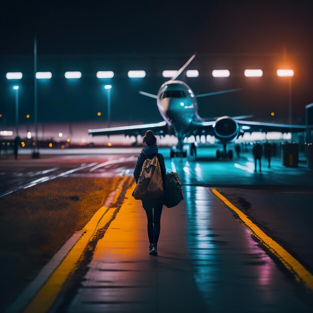 Foto una mujer caminando por una pista con un gran avión en el fondo.