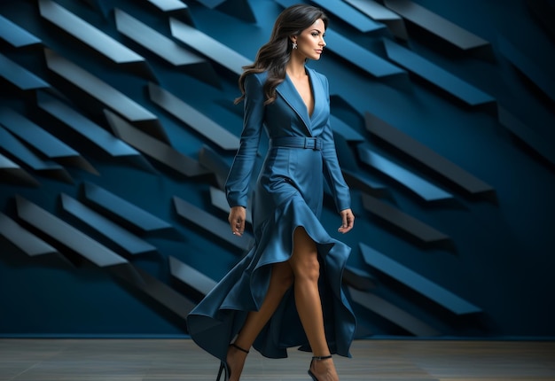 Mujer caminando por la pista con vestido azul