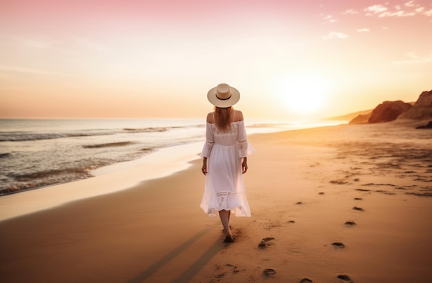 Una mujer caminando por la playa al atardecer.