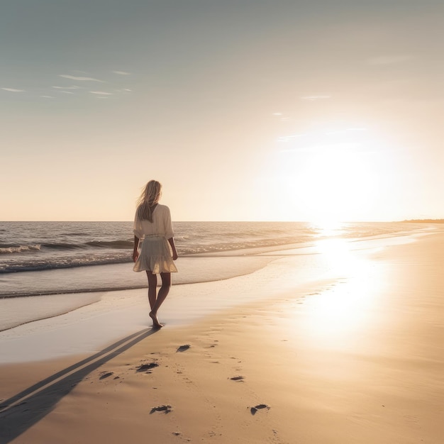 Una mujer caminando por la playa al atardecer.