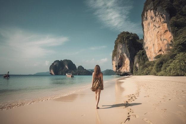 Foto mujer caminando en la playa de railay krabi en tailandia