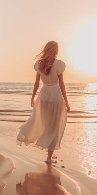 Una mujer caminando por la playa con un vestido blanco.