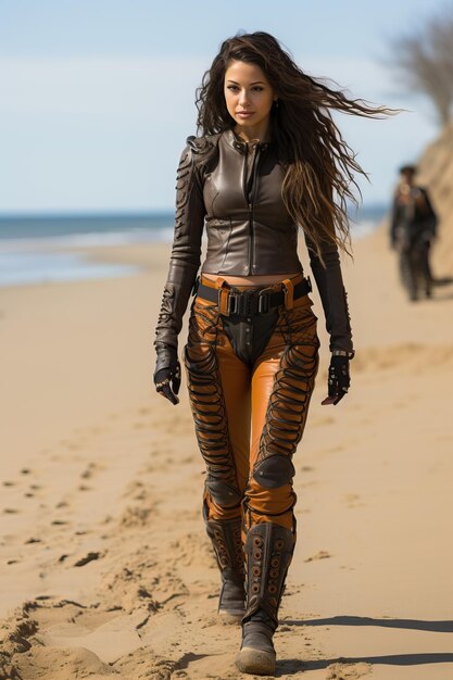 una mujer caminando en una playa