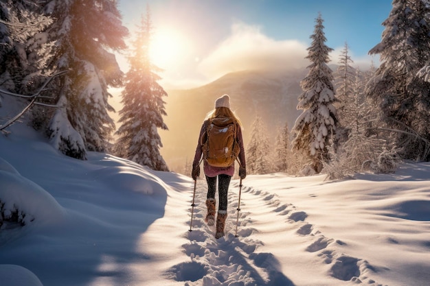 Foto mujer caminando con raquetas de nieve en nieve fresca en las montañas