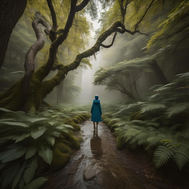 Foto mujer caminando en la selva tropical con niebla generativa ai