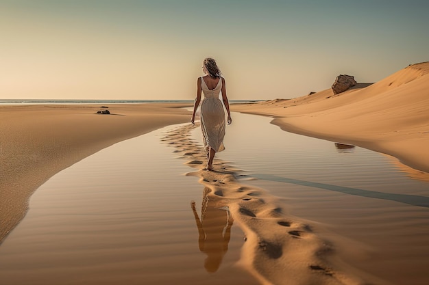 Mujer caminando sobre dunas de arena de una playa sola